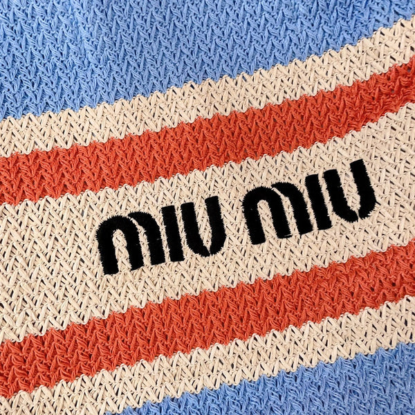 TOTE BAG 40 IN STRIPED PATTERN OF LIGHT BLUE ORANGE AND CREAM WHITE WOVEN RAFFIA