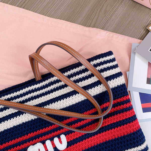 LARGE SHOPPING BAG 40 IN NATURAL MIX BLUE WOVEN RAFFIA LEATHER STRAP