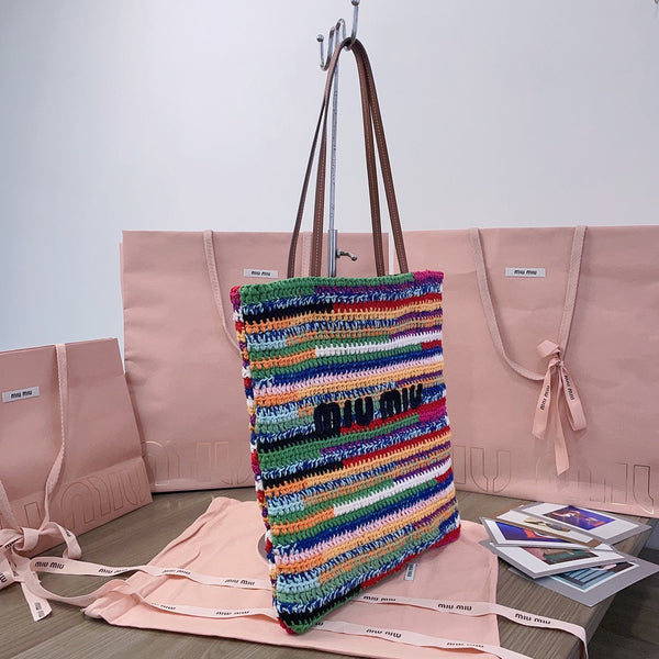 CROCHET TOTE BAG 38 IN MULTICOLORED WOVEN RAFFIA