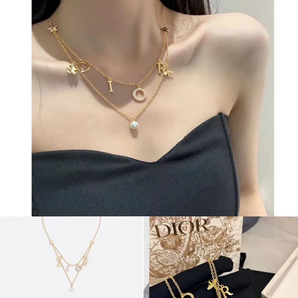 CD 26S Multi Charm Layered Dior Necklace With Pearl Drop In Gold Tone 631779