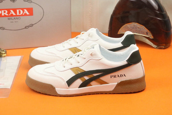 PRA SNEAKER IN WHITE CALFSKIN WITH BLACK AND YELLOW STRIPED