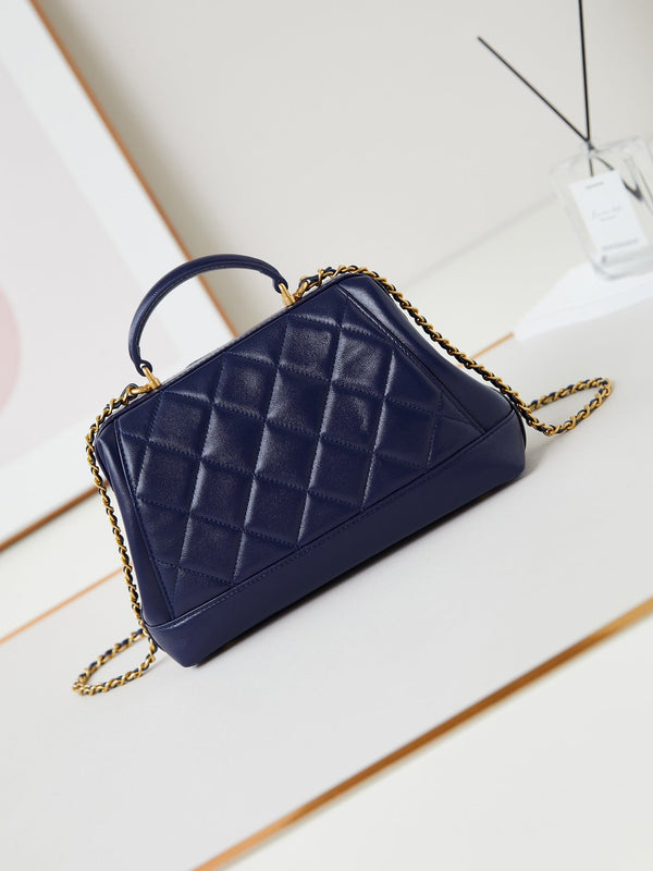 CC 24A Top Handle 23.5cm Night Blue Wax Leather Gold Hardware 238473