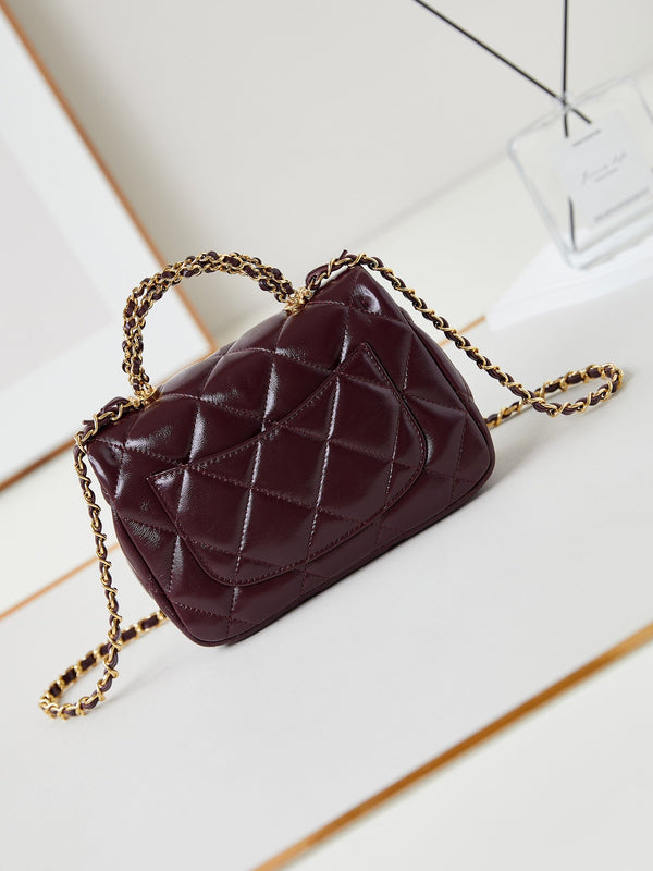 CC Flap Bag With Top Handle 19cm Wine Red Sheepskin Gold Hardware 238483