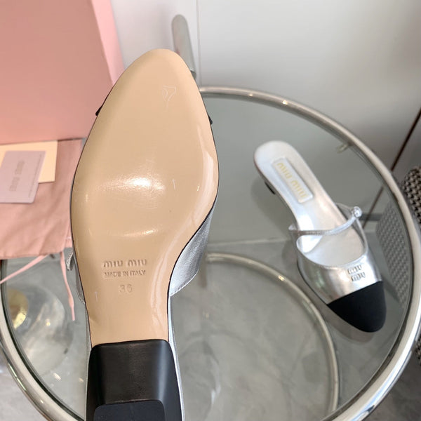 Miu Sandals Square Heel Shoes Silver Leather