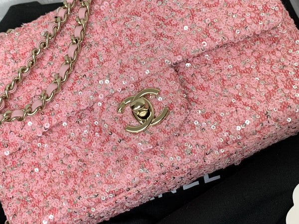 25C Flap Bag 20cm Pink Polka Dot Silver Sequin Calfskin