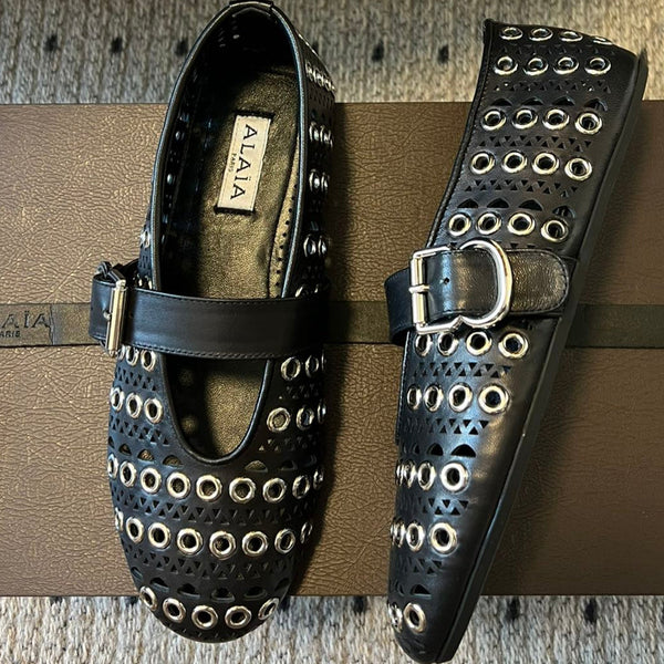 Alaia 25 Vienne With Eyelets Ballet Flats Black Lambskin 303720