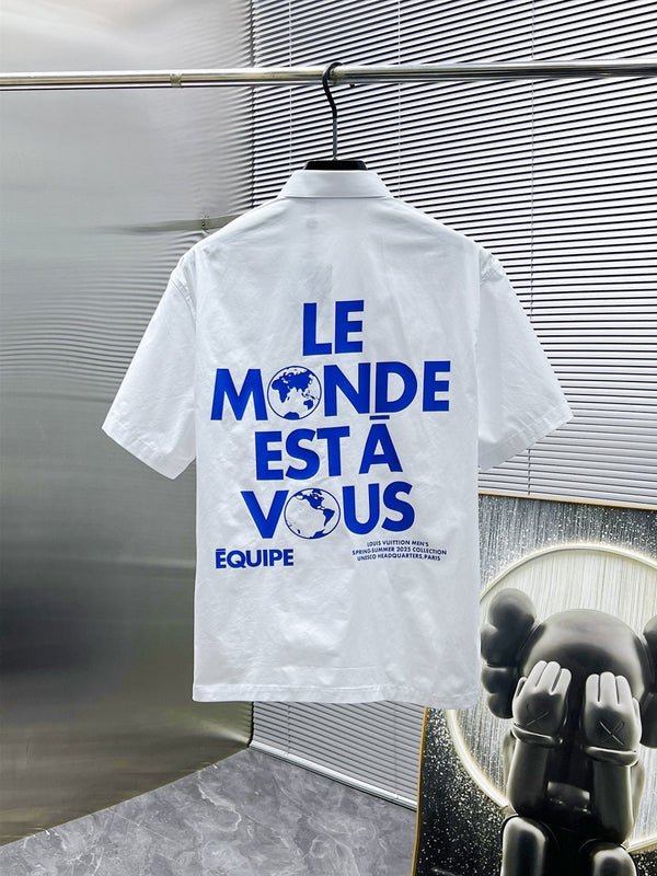 LV SHORT-SLEEVED SHIRT IN WHITE COTTON BLUE LOGO 238813