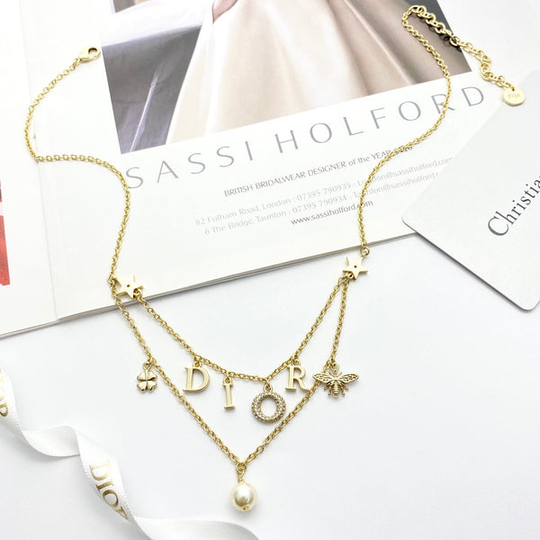 CD 26S Multi Charm Layered Dior Necklace With Pearl Drop In Gold Tone 631779