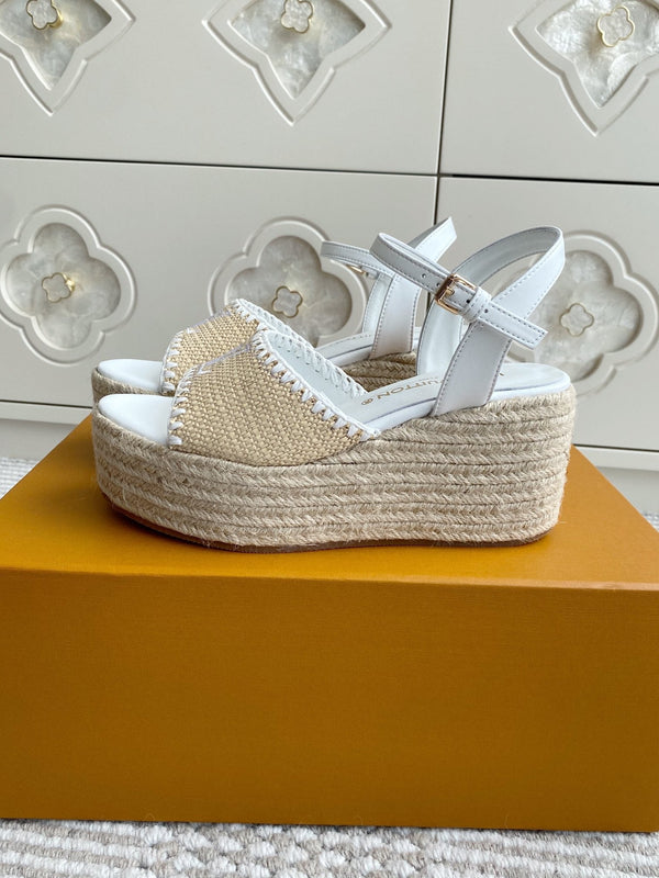 LV Beige·Raffia Straw Wedge Sandals 7.5cm White Lining Leather 291583