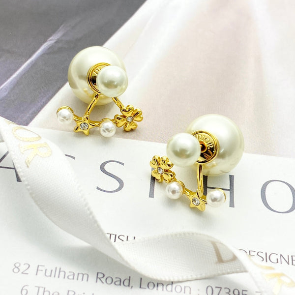 CD 26S Pearl Star Clover Double Stud Earrings In Gold Metal 631770