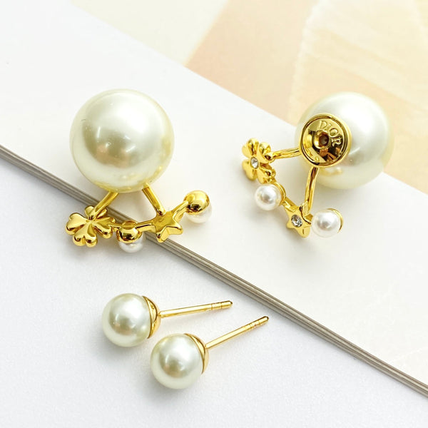 CD 26S Pearl Star Clover Double Stud Earrings In Gold Metal 631770