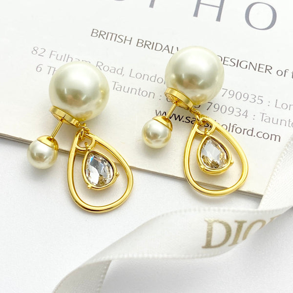 CD 26S Pearl Teardrop Crystal Double Stud Earrings In Gold Metal 631769