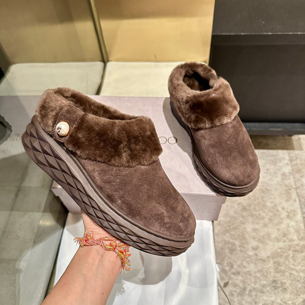 Jimmy Choo Flip Flops Dark Brown Suede Shearling Lining 538897