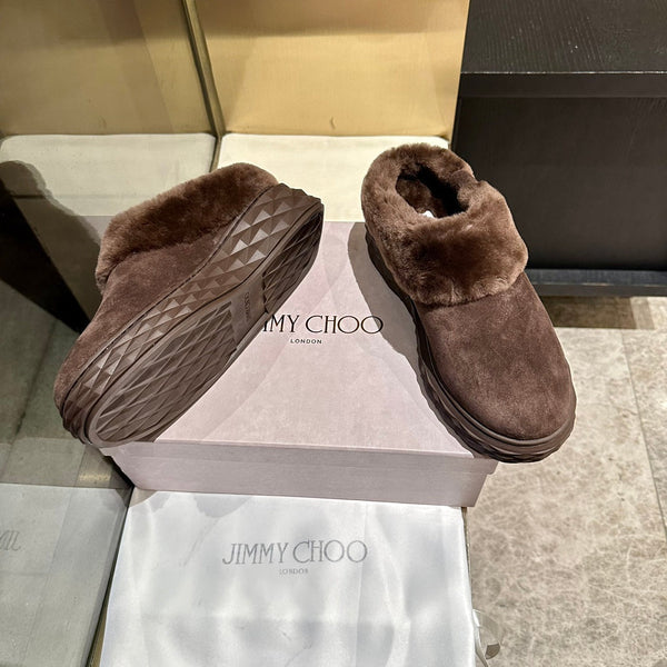 Jimmy Choo Flip Flops Dark Brown Suede Shearling Lining 538897