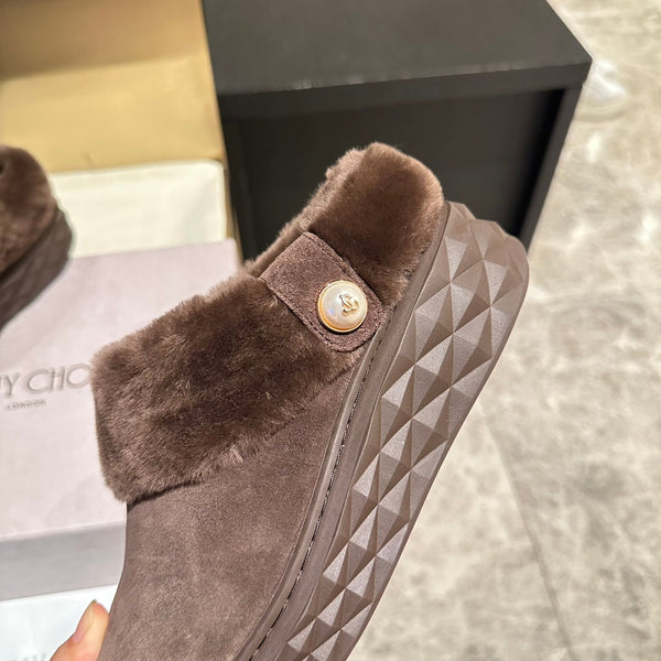 Jimmy Choo Flip Flops Dark Brown Suede Shearling Lining 538897