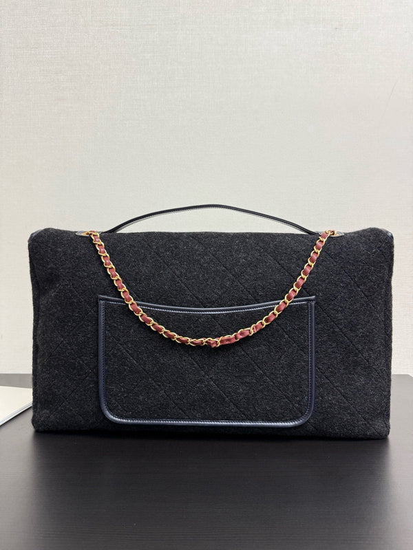 Chanel 2025 Maxi Flap Bag With Top Handle 56cm Black Wool Leather