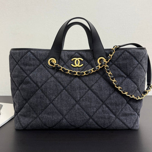 CC 2026 Tote Bag 44cm Black Quilted Denim Leather