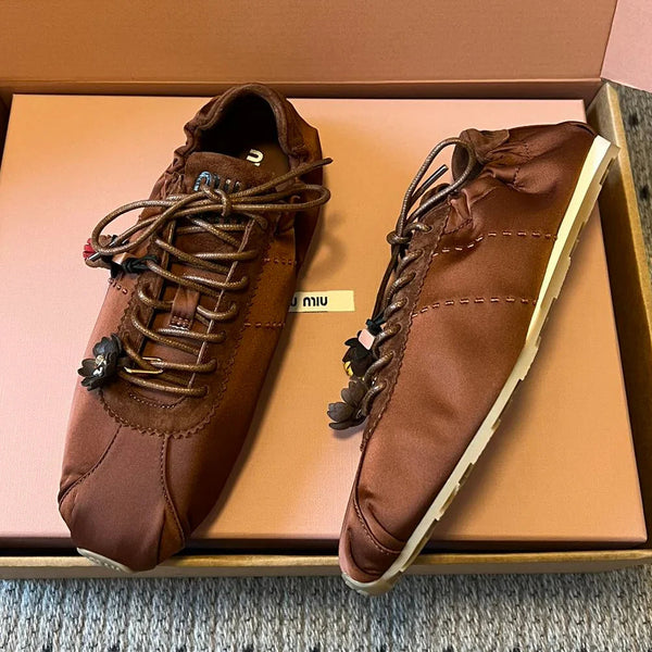Miu Miu 2026 Plume Sneaker With Floral Charm Dark Brown Satin 621343