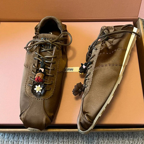 Miu Miu 2026 Plume Sneaker With Floral Charm Brown Satin 621344