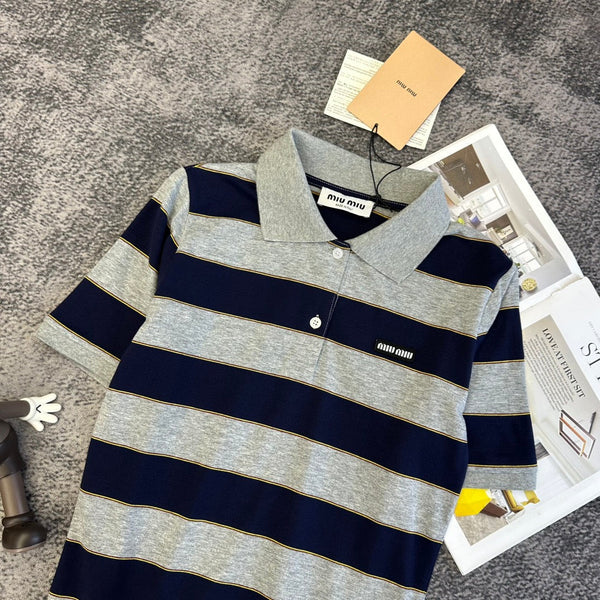 Miu SS26 Polo T-Shirt Striped Black Grey Cotton 350879