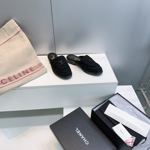 CC Loafers Half-Slip Sandals Black Wool Sheepskin 628645