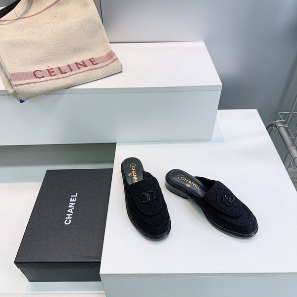 CC Loafers Half-Slip Sandals Black Wool Sheepskin 628645