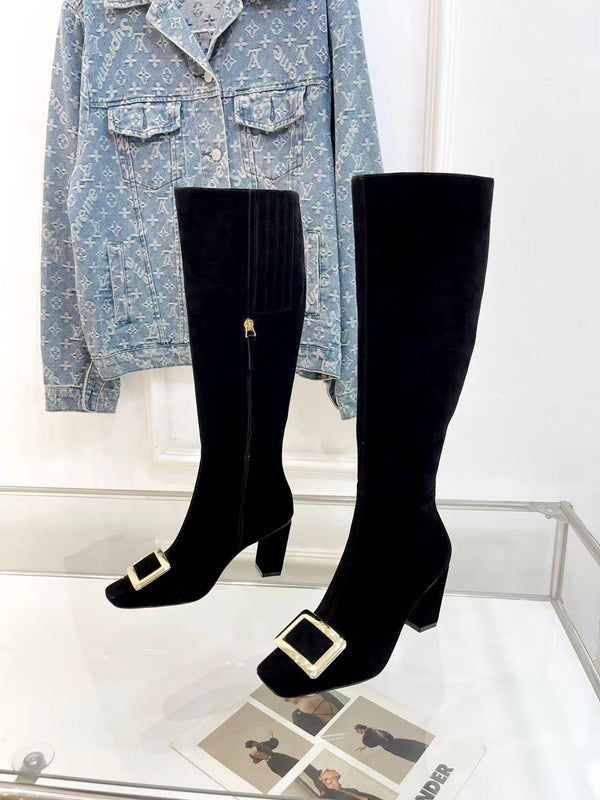 Belle Vivier Long Booties 7.5cm Black Suede