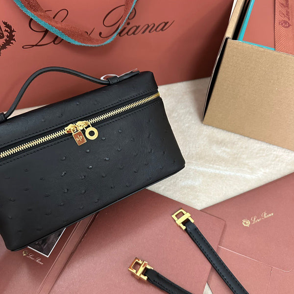 EXTRA POCKET L19 IN BLACK OSTRICH WITH GOLD HARDWARE