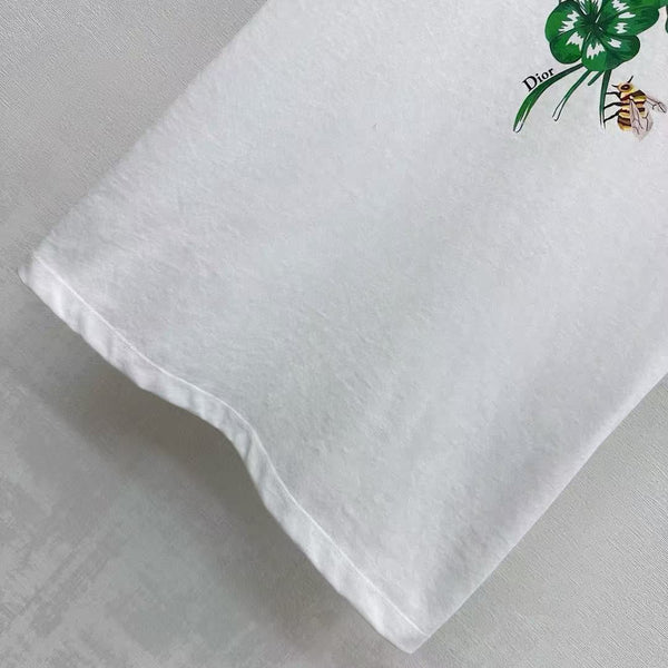 CD Fitted T-Shirt White Cotton Jersey with Green Dior Clover Motif