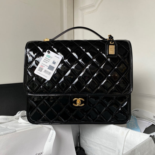cc large backpack 31cm black patent calfskin gold hardware