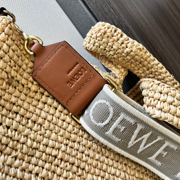 Mini Slit Tote 30cm Beige Raffia Tan Calfskin