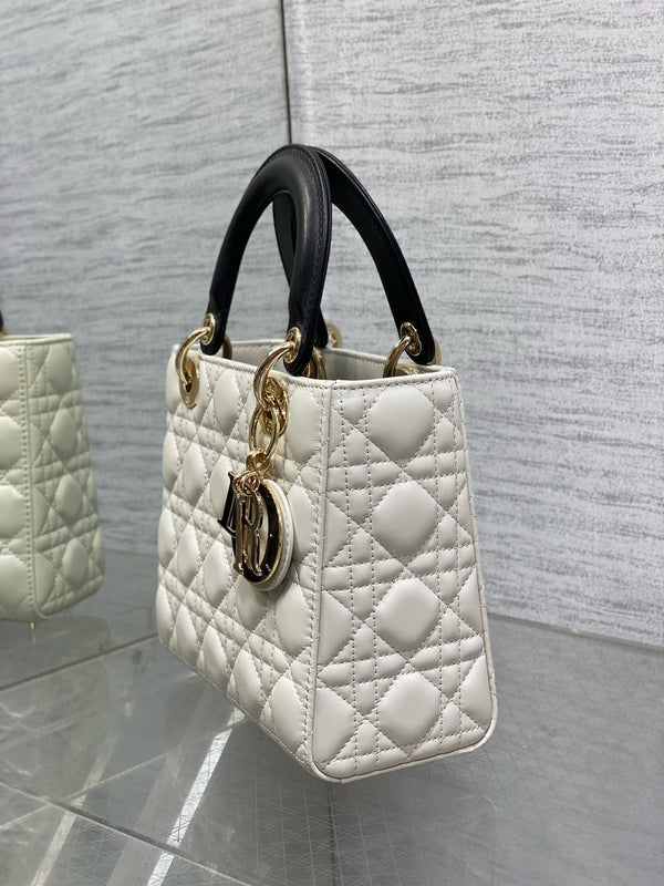 Lady Dior 20cm White Black Gold Chain Lambskin