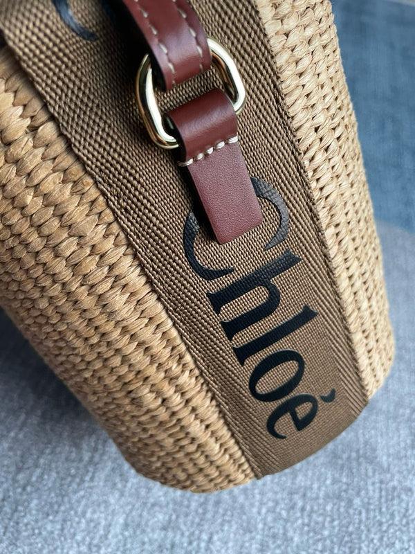 Chloe Small Woody Bucket Top Handle Bag 16cm Brown Linen And Calfskin