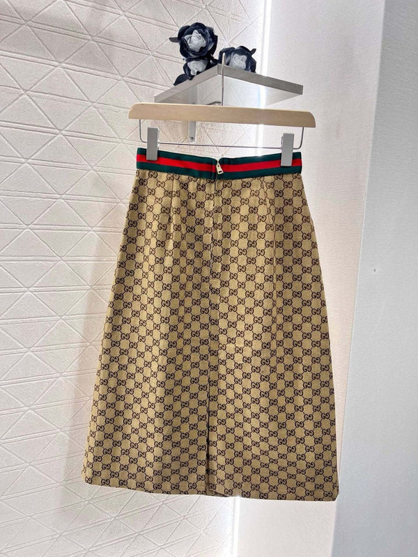 GG Mid-Length Skirt Canvas Brown Polyester Fiber