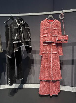 CC 25 Pink and Black Woven Trim Red Wool Jacket Skirt Pants Set