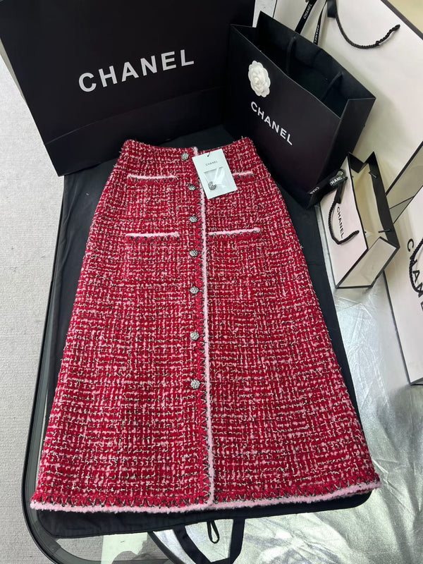 CC 25 Pink and Black Woven Trim Red Wool Jacket Skirt Pants Set