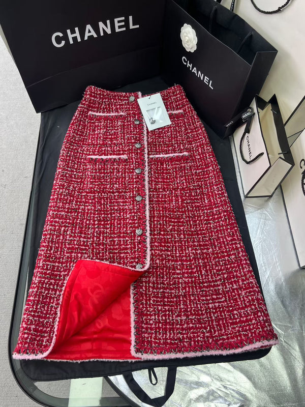 CC 25 Pink and Black Woven Trim Red Wool Jacket Skirt Pants Set