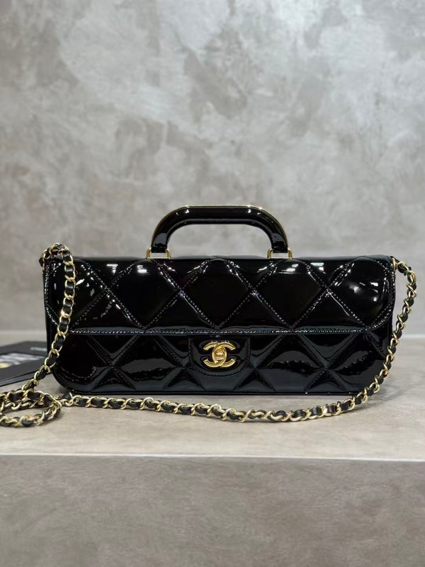CC 25K Large Flap Bag with Top Handle Chain Strap Black Patent Calfskin GHW