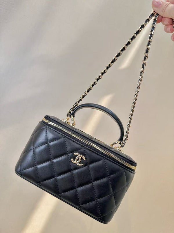 CC Mirror Vanity Case Top Handle Chain Strap Black Calfskin GHW