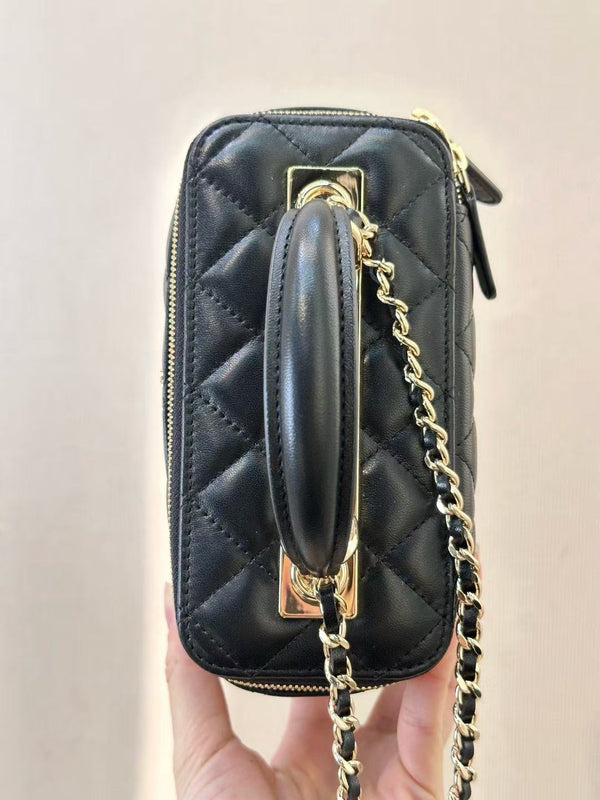 CC Mirror Vanity Case Top Handle Chain Strap Black Calfskin GHW