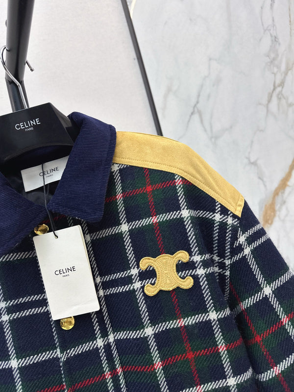 Celine Blouson Triomphe Bomber Jacket Blue Wool and Suede