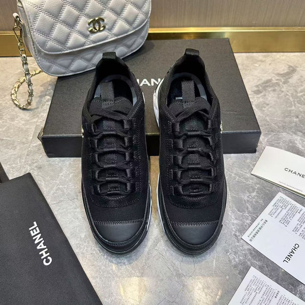 CC Low Top Sneakers Black White Mesh Splicing Cowhide
