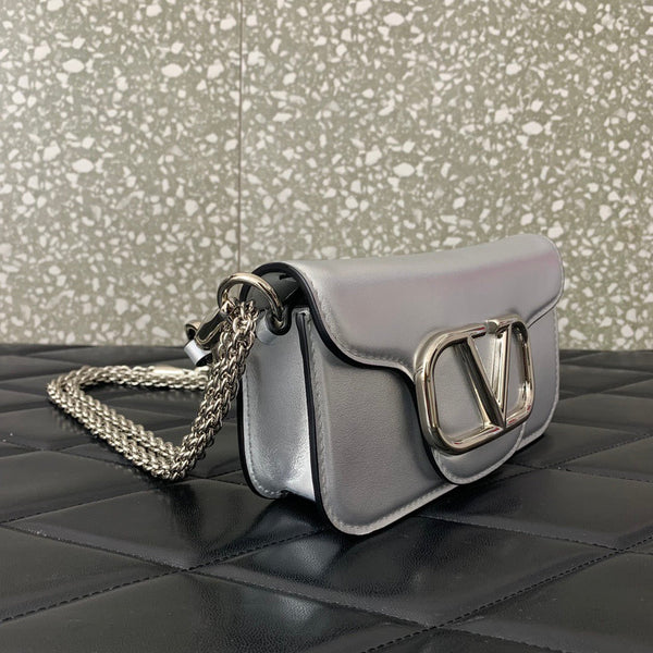 Valentino Garavani Small Locò Shoulder Bag Sliver Metallic Leather