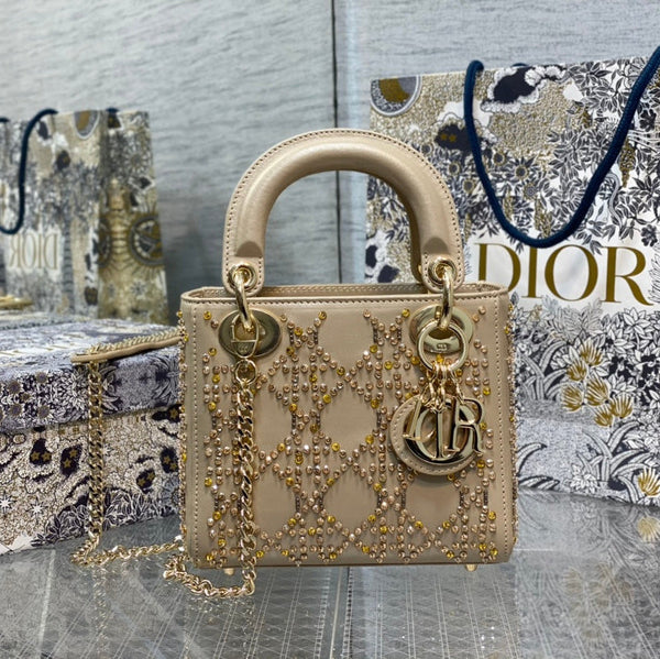 CD Mini Lady Dior Bag 17cm Beige Cowhide Leather Crystal 160004