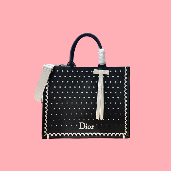 CD Book Tote With Strap PolkaDior Embroidery Black White Canvas 164637