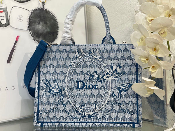 CD Book Tote With Strap Toile de Jouy Floral Garden Embroidery Blue Canvas 164670