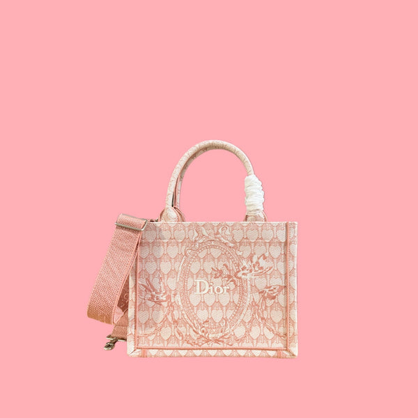 CD Book Tote With Strap Toile de Jouy Floral Garden Embroidery Pink Canvas 164666