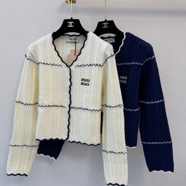 Miu 26s Striped Shawl Knit Long-Sleeved Top Wool 423904