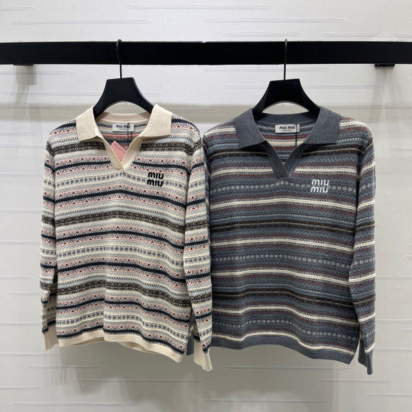 Miu 26s Striped Collar Knit Long Sleeve Wool 423879