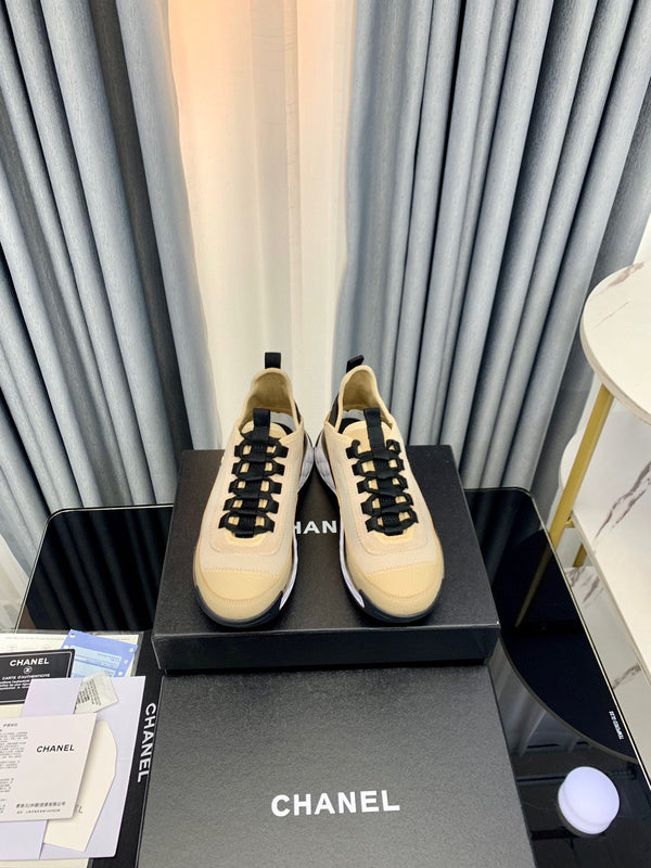 Chanel Interlocking CC Logo Sneaker Beige Black in Fabric patchwork